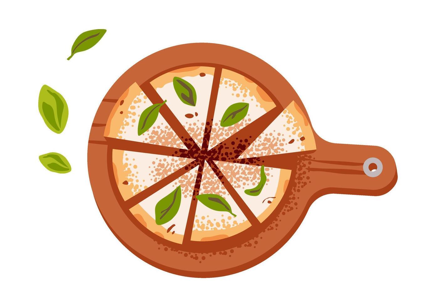 Vegetarian pizza with herbs and cheese, top view. Flat illustration isolated on white background vector
