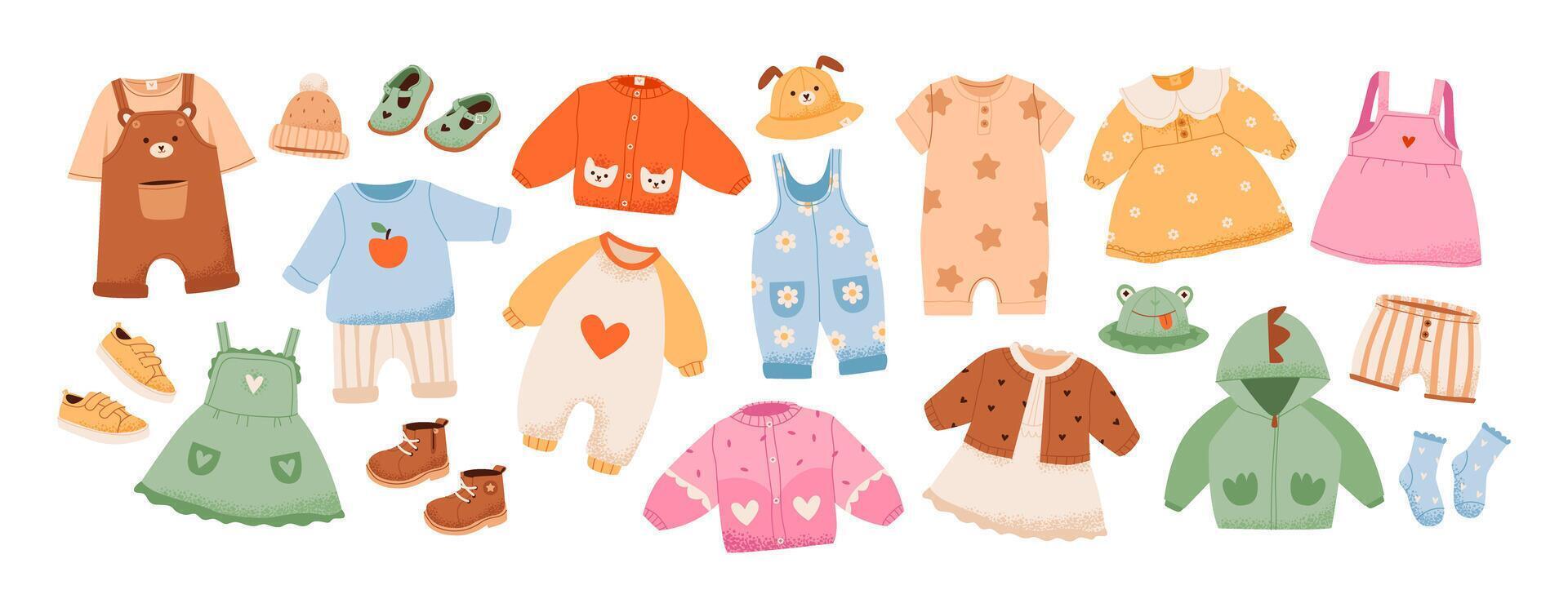 Baby and toddler apparel in vibrant, sustainable fabrics. Kids wear, cozy sweaters and playful shoes. Flat set illustration vector