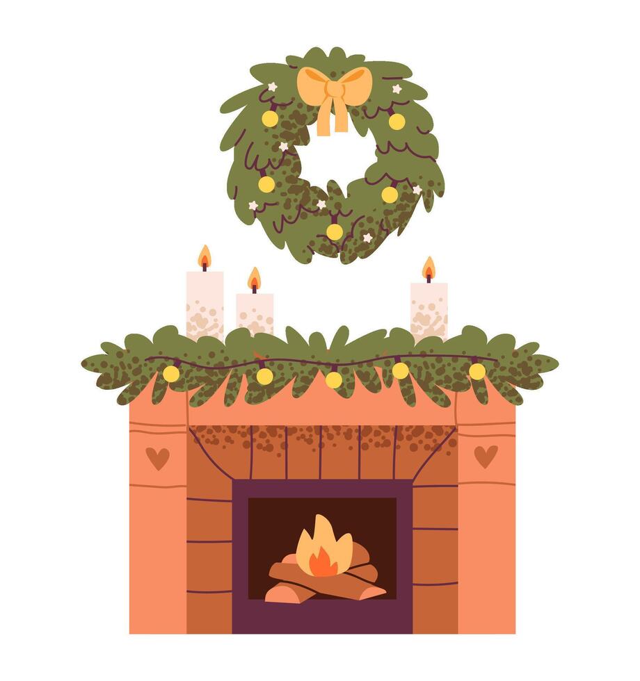 A cozy fireplace decorated with Christmas garland and candles. Christmas wreath over the festive fireplace. Flat illustration vector