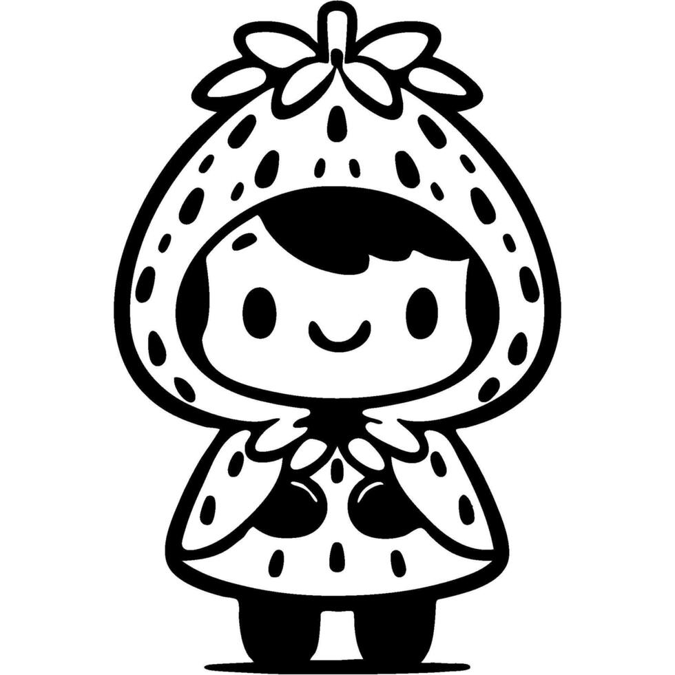 Little girl dressed in festive strawberry costume for Vegan Day in monochrome. Simple minimalistic in black ink drawing on white background vector