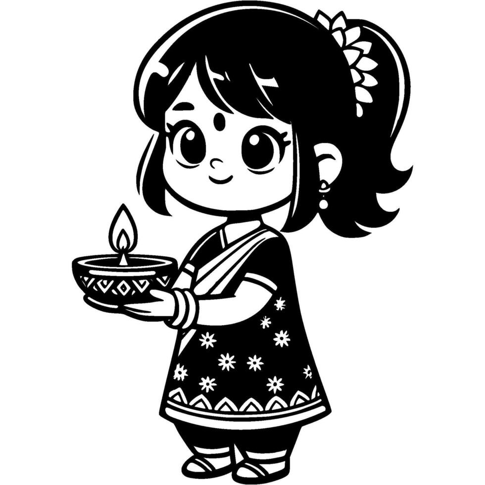 Little girl dressed in Indian clothes holding lit candle in monochrome. Simple minimalistic in black ink drawing on white background vector