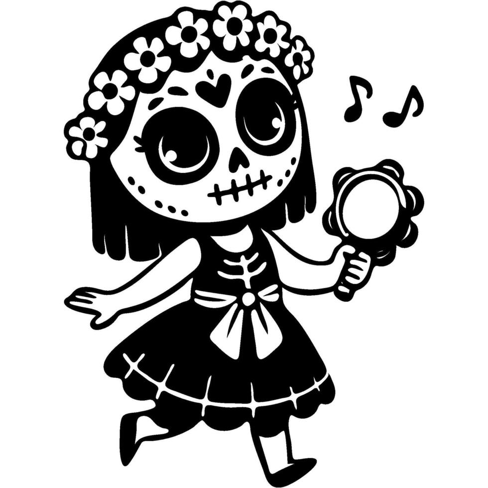 Girl dressed in Mexican dress with flower crown on head plays with tambourine in monochrome. Simple minimalistic in black ink drawing on white background vector