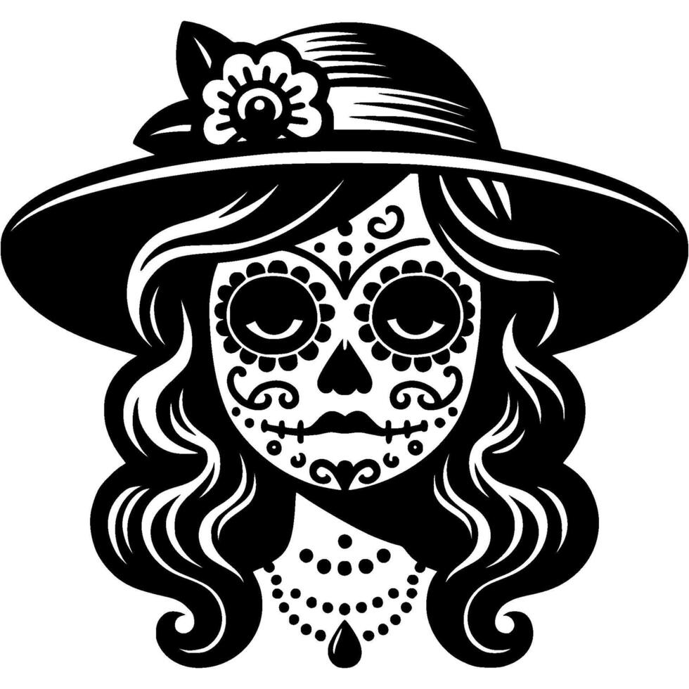 Woman in hat with face decorated with mexican ornament in monochrome. Simple minimalistic in black ink drawing on white background vector