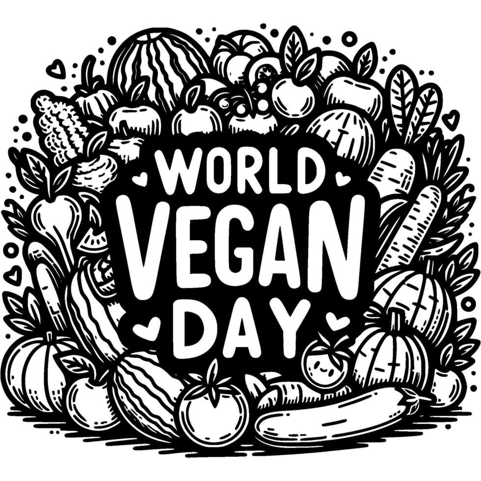 Pile of vegetables and fruits with the inscription his World Vegan Day in monochrome. Simple minimalistic in black ink drawing on white background vector