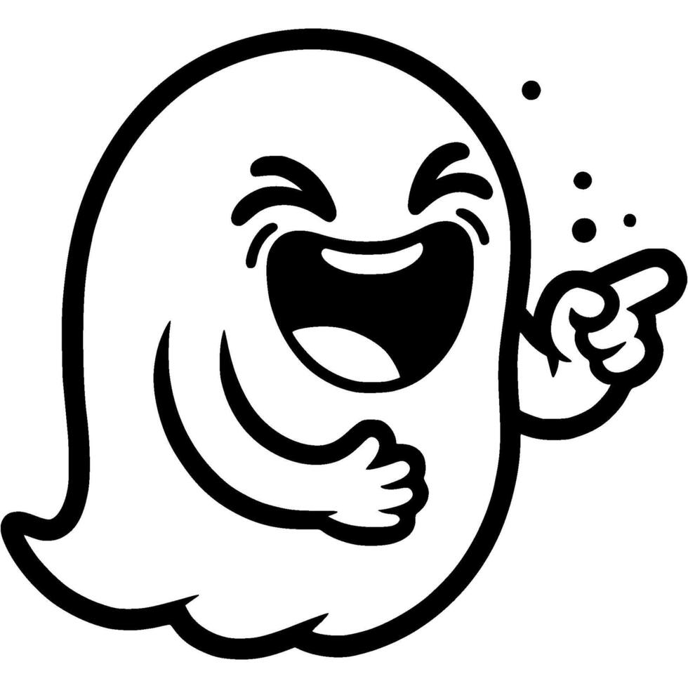 Ghost floating in air laughs cheerfully, holds his stomach and points his finger forward in monochrome. Simple minimalistic in black ink drawing on white background vector