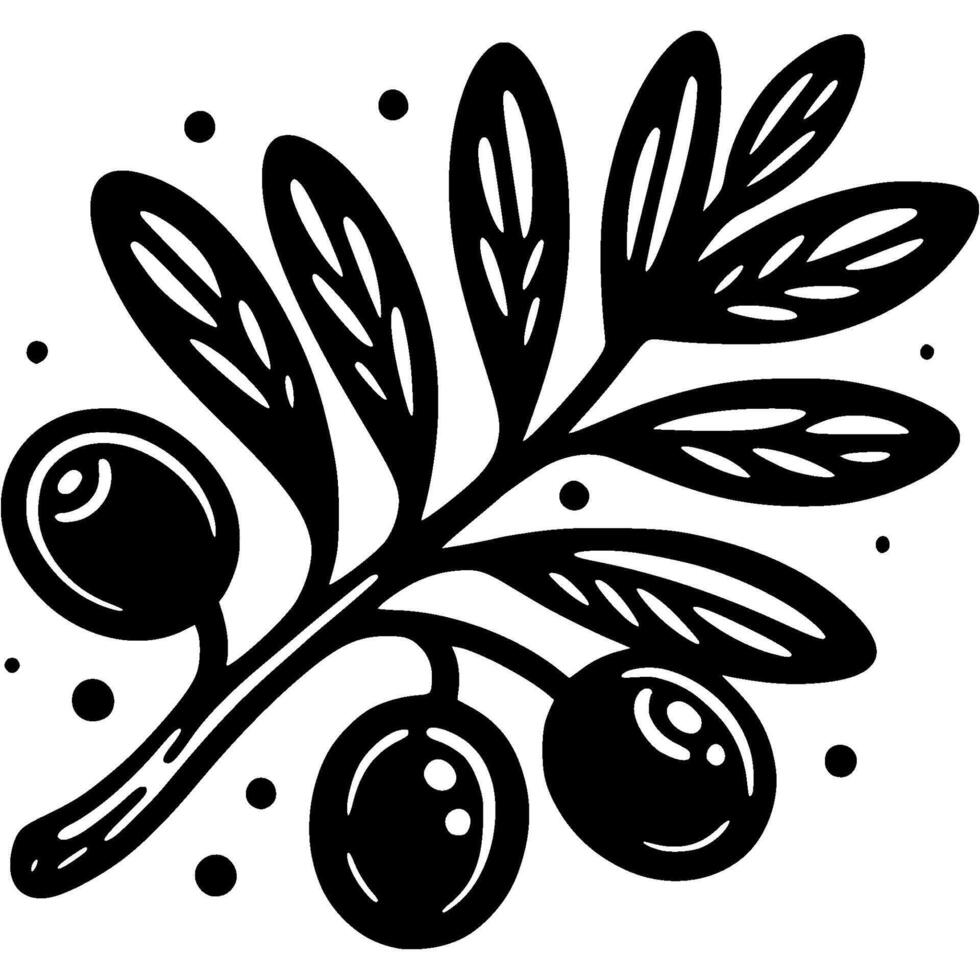 Olive tree branch with olive berries in monochrome. Simple minimalistic in black ink drawing on white background vector
