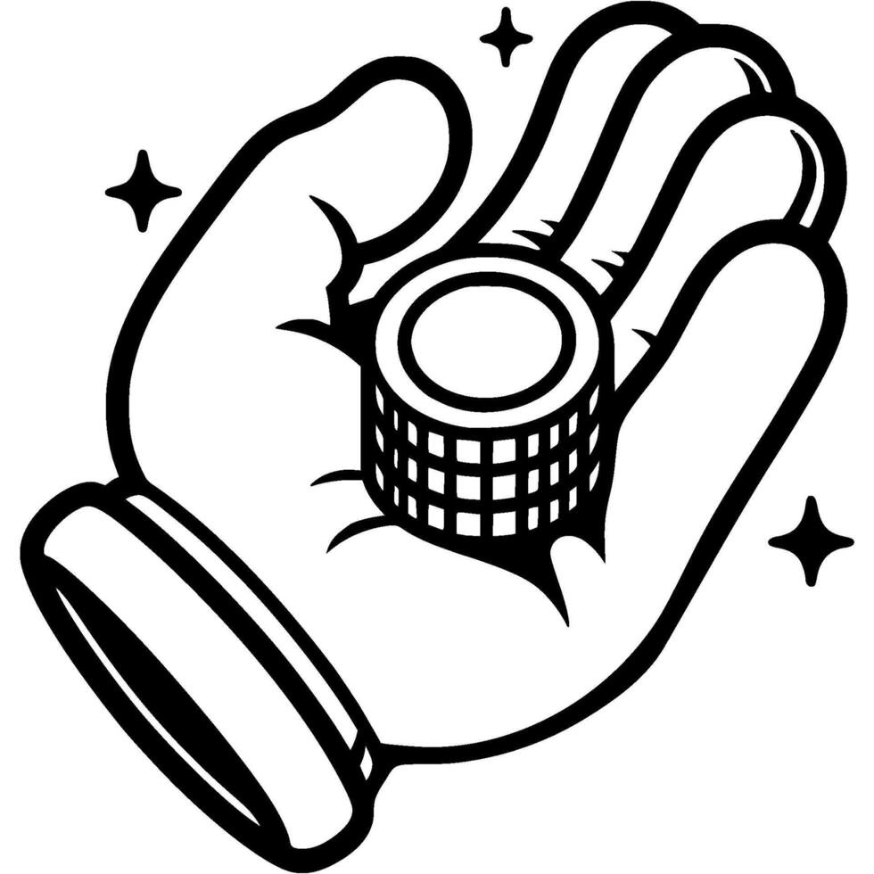 Creditor hand gives stack of gold coins in monochrome. Simple minimalistic in black ink drawing on white background vector