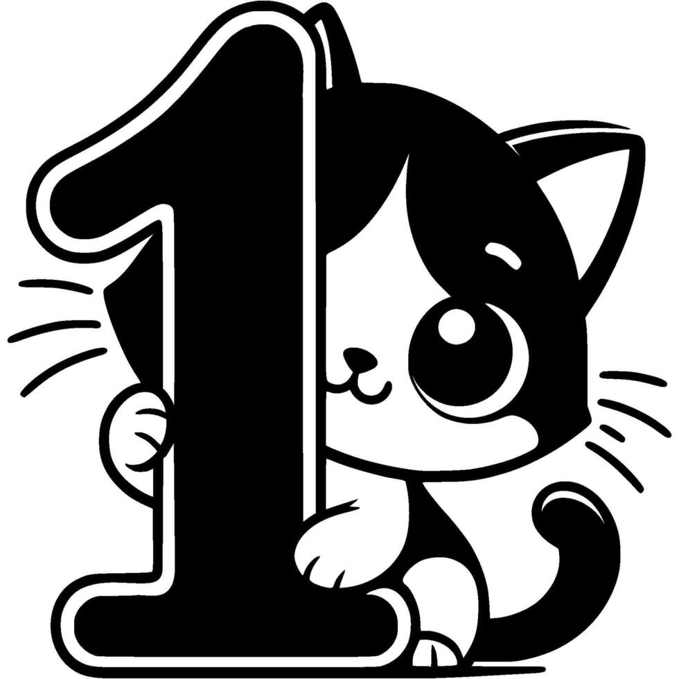 Little kitten hid behind the number one digit in kitty style in monochrome. Simple minimalistic in black ink drawing on white background vector