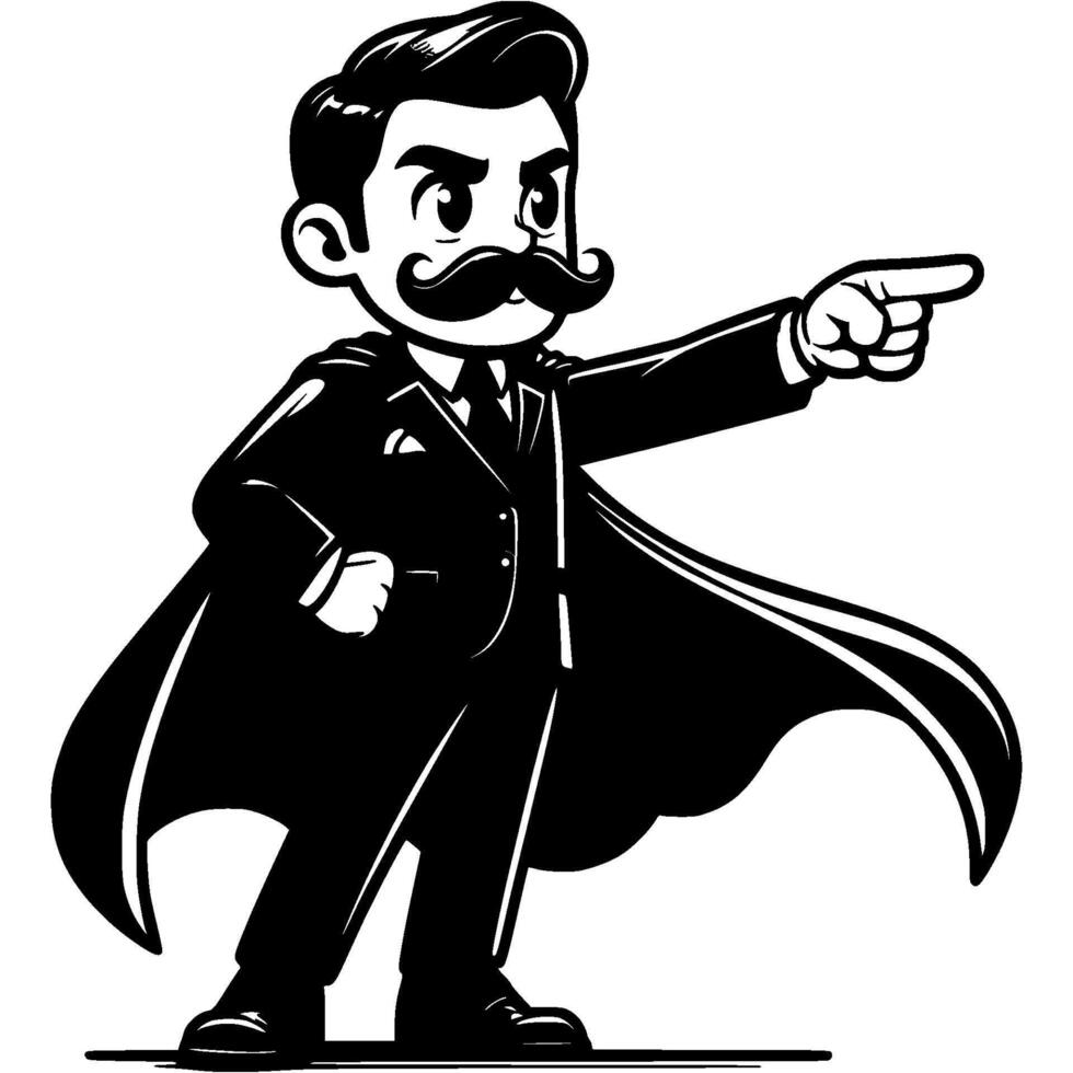 Male superhero in classic suit and cape pointing forward towards target in monochrome. Simple minimalistic in black ink drawing on white background vector