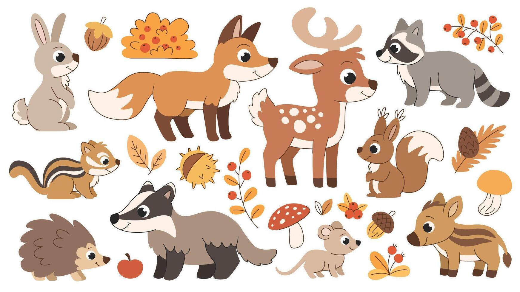 Cute childrens forest animals set. Autumn forest animals and elements. Deer, fox, raccoon and other animals. vector