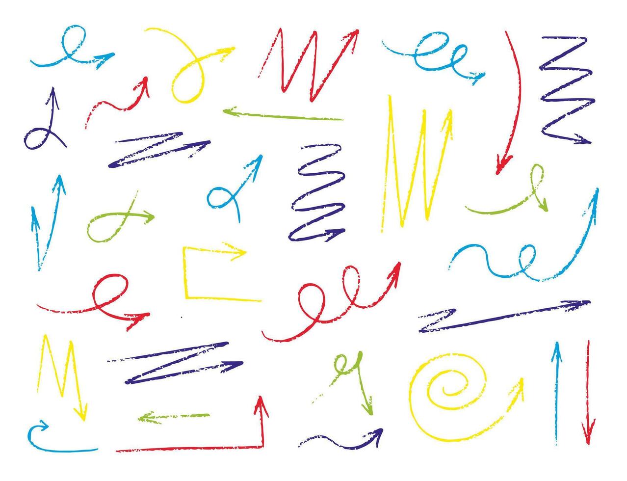 Doodle color crayon arrow set. Hand drawn design elements, charcoal or pencil drawn marks. rough highlight, underline vector