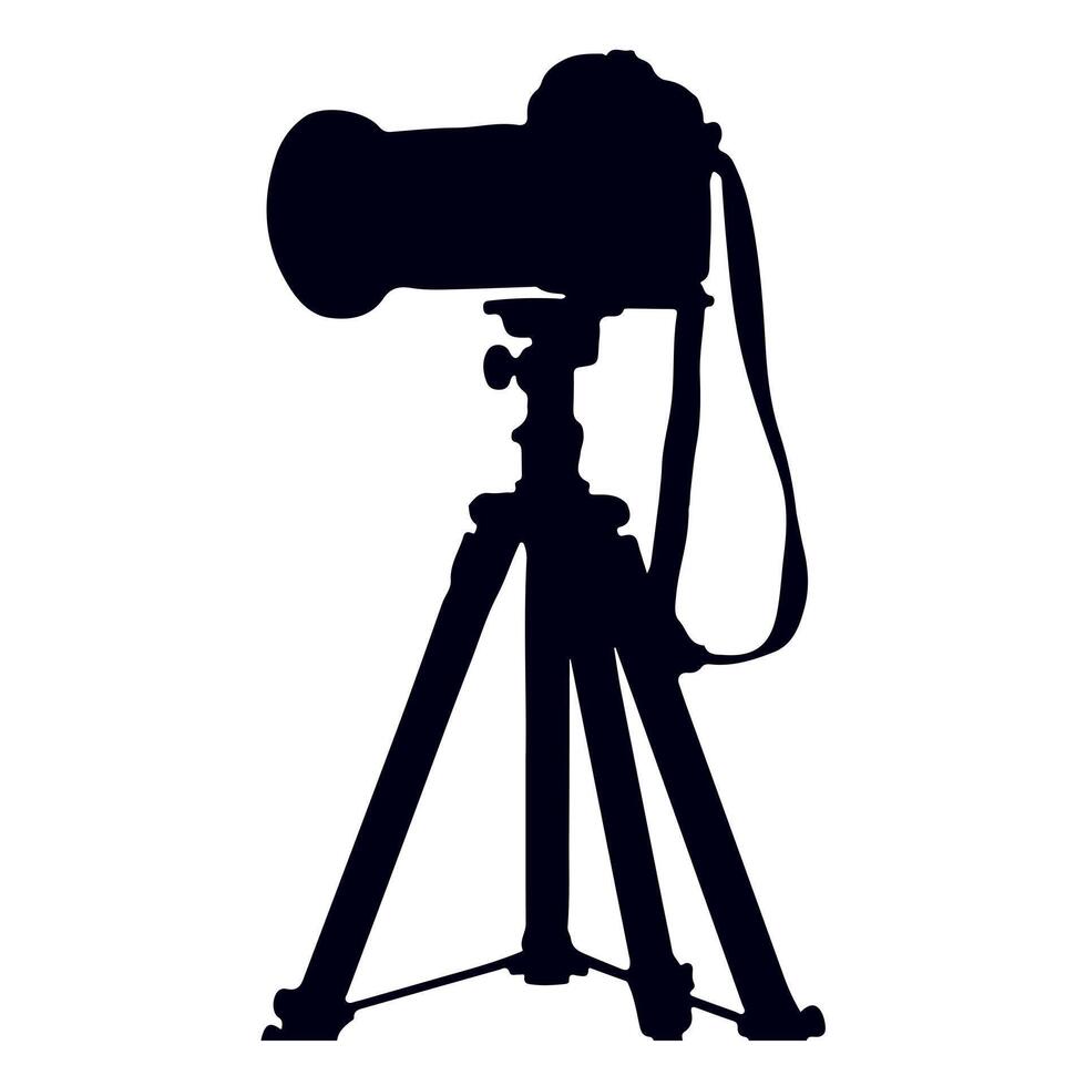 Professional photo camera with strap on tripod silhouette on white background vector