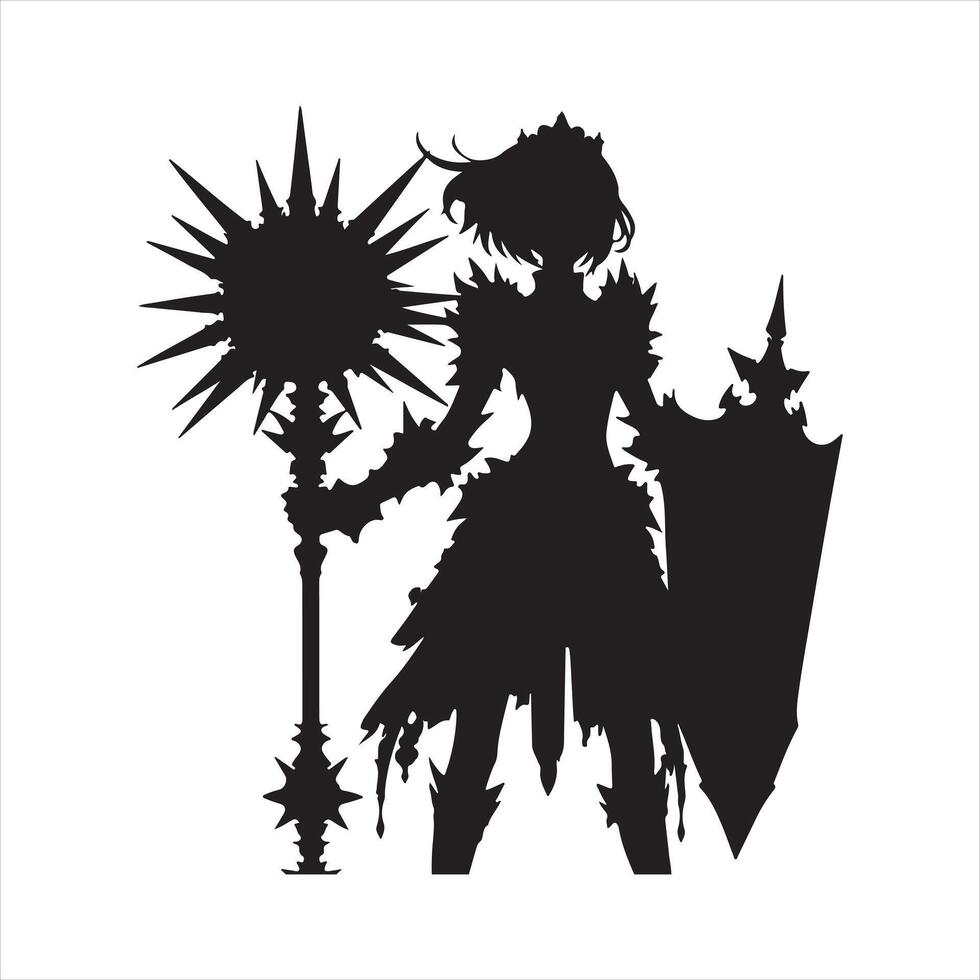 A black silhouette of a tall knight girl with a huge spiked mace Morgenstern on her shoulder, and a large shield silhouette white background vector