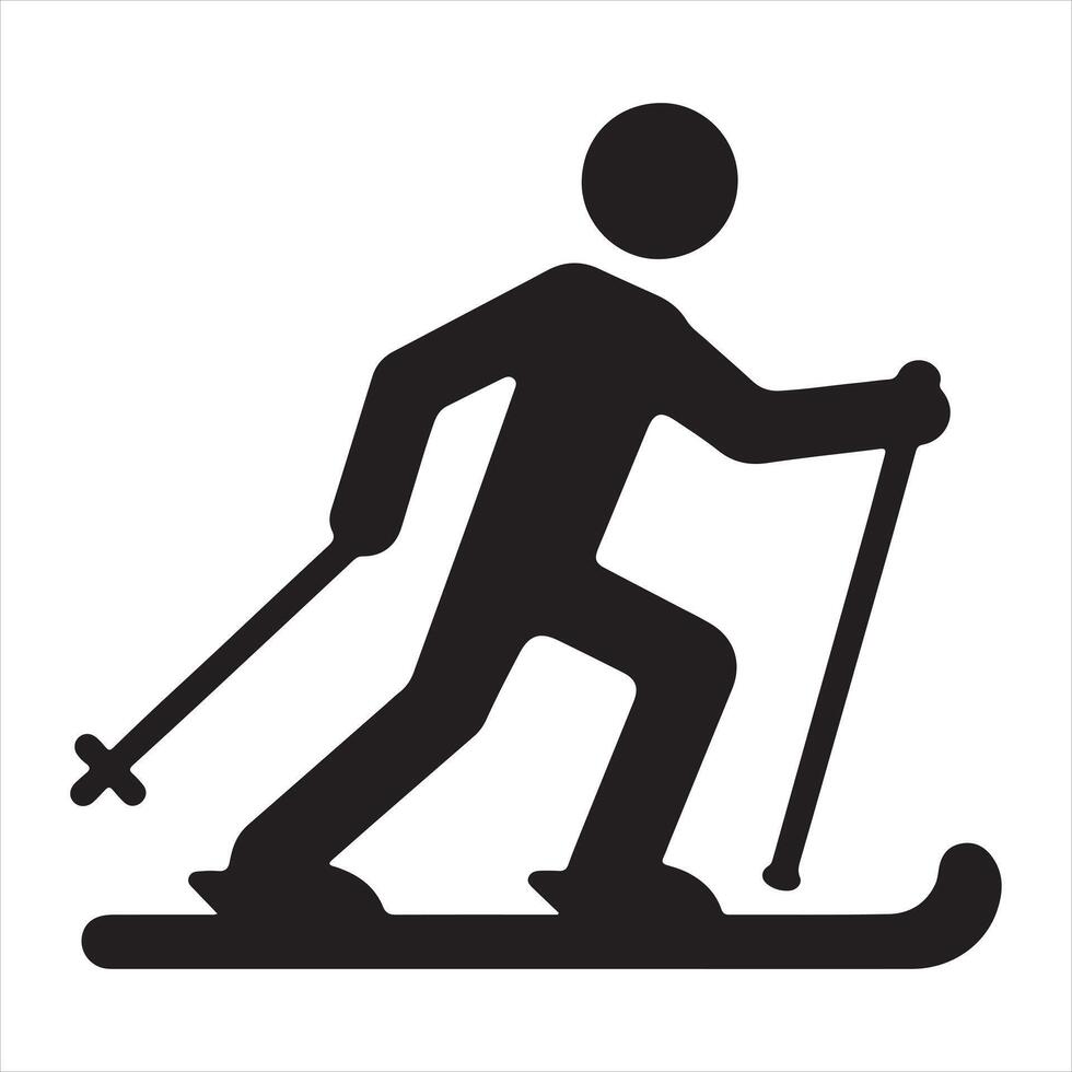 skiing person silhouette shadow shape, flat black icon isolated on white backround. Logo emblem design element. Winter sport game and leisure activity silhouette white background vector