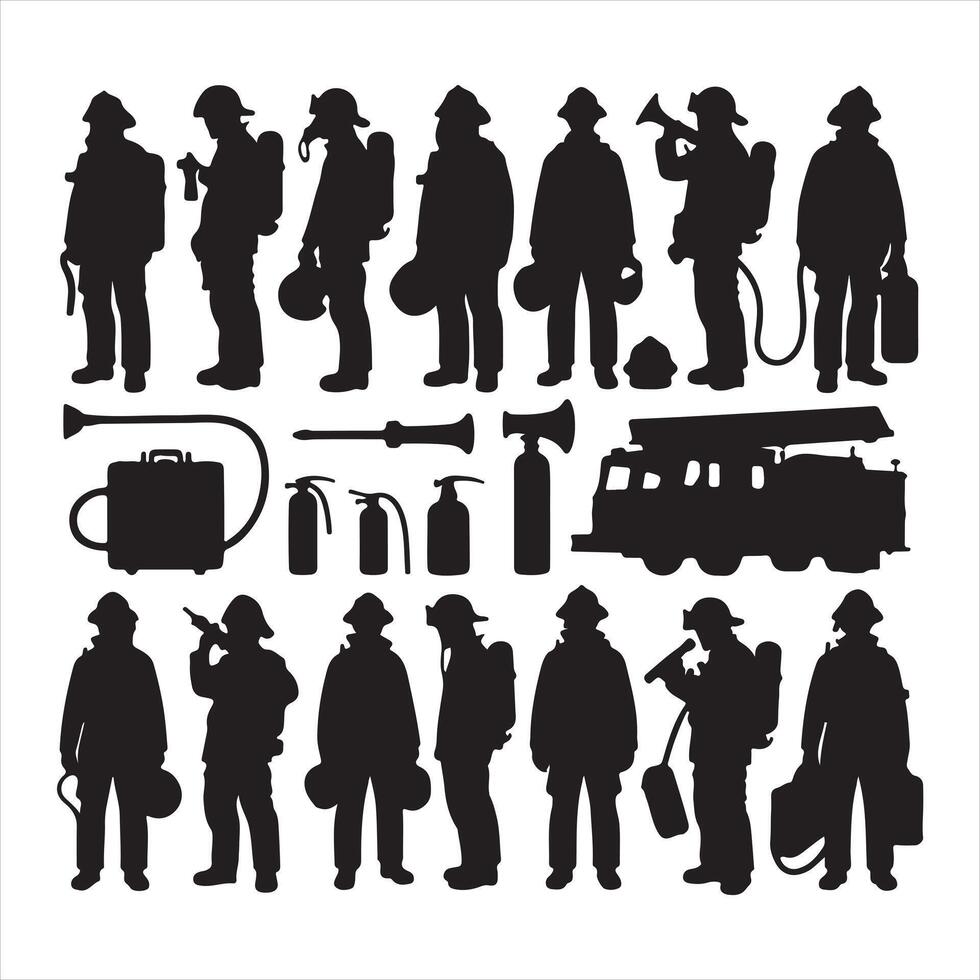 Set of firefighter with equipment silhouette on white background vector