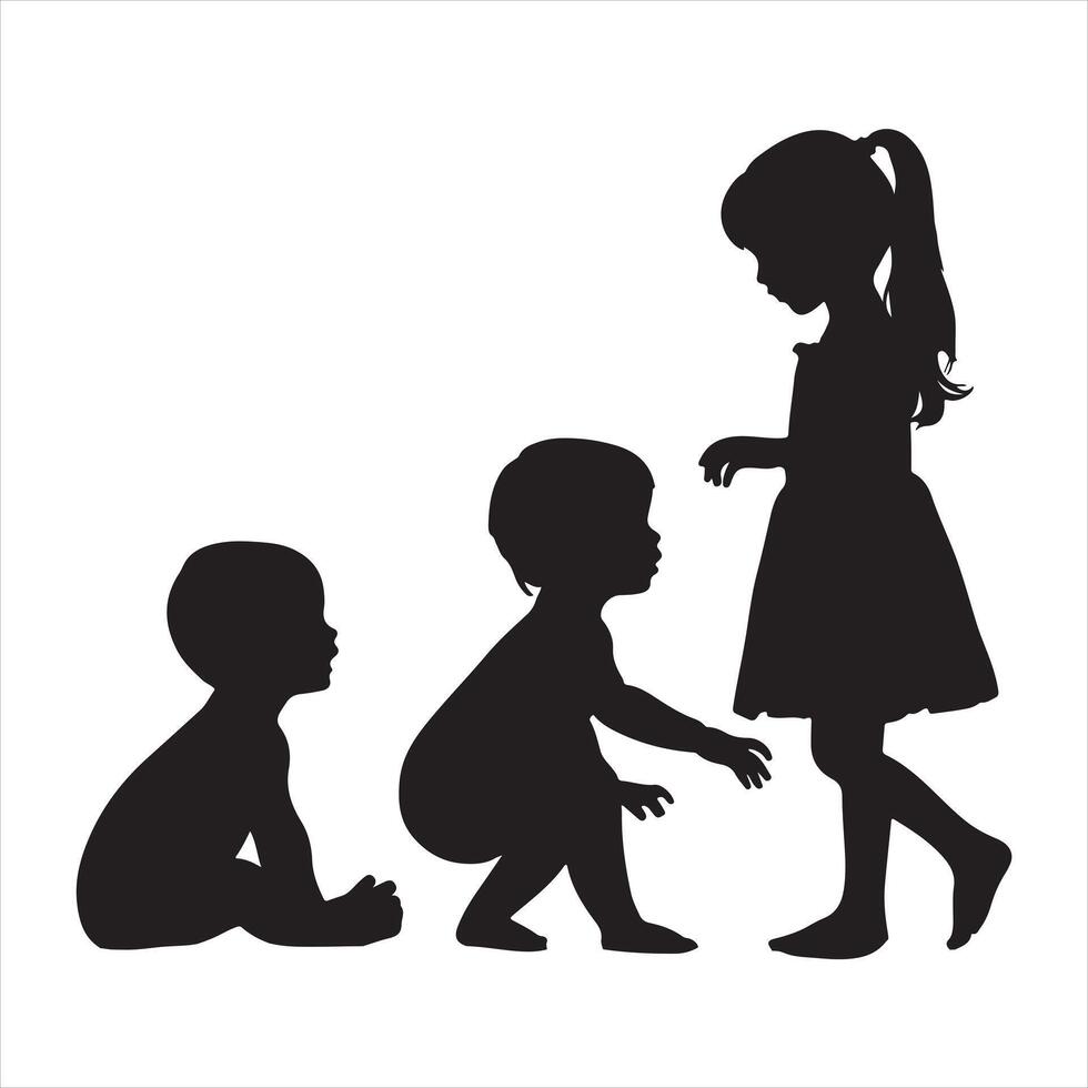 Baby and toddler silhouette isolated on white background. Sitting, crawling and standing silhouette on a white background vector