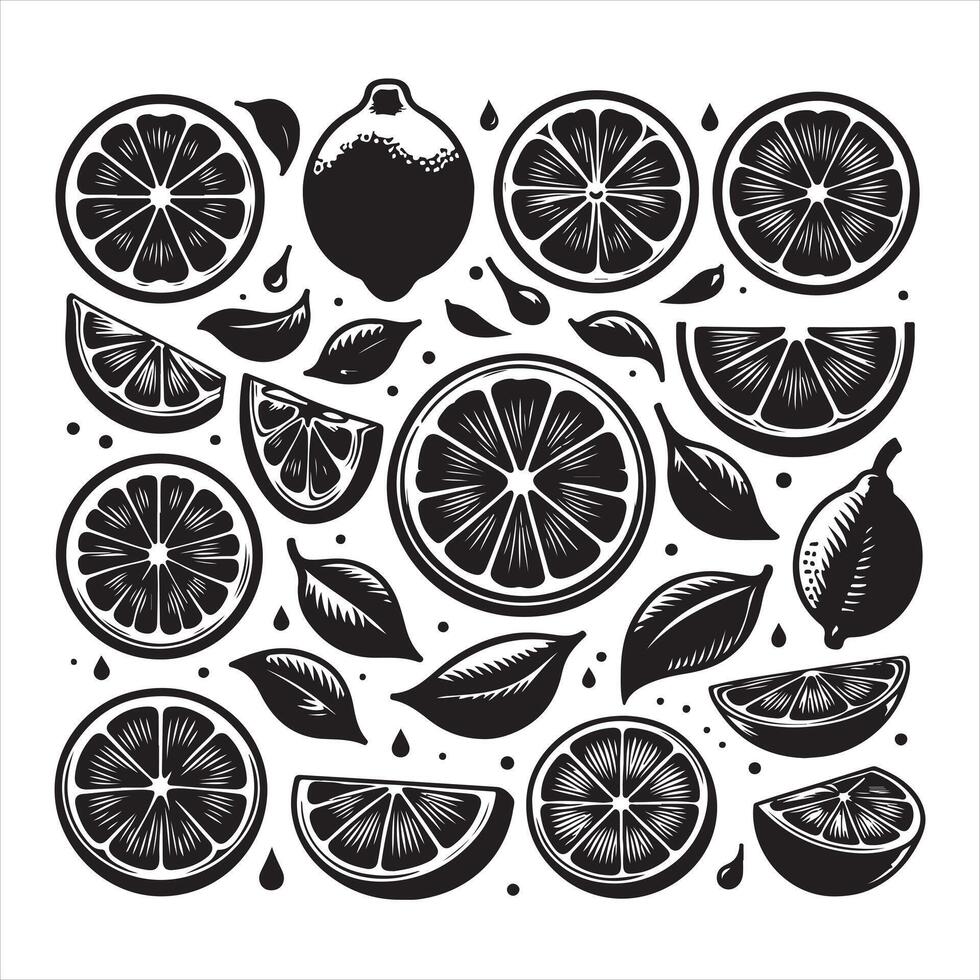 Lemon slice shape set. Lime black symbol collection. Citrus fruit whole, half and pieces silhouette group. isolated on white background vector