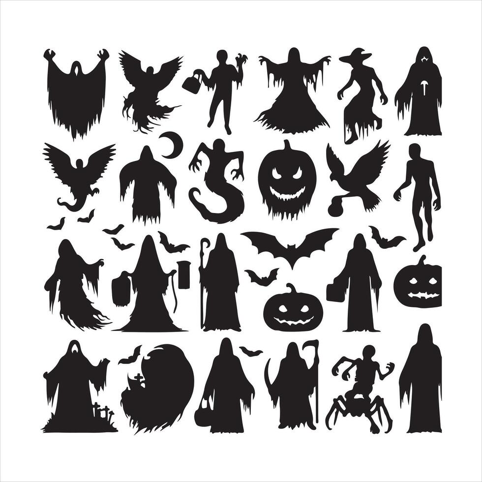 Ghost halloween horror silhouettes set, large pack of silhouette white background vector
