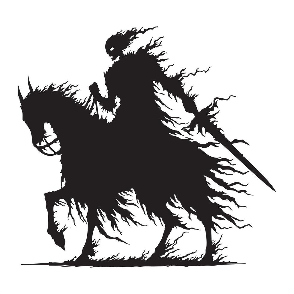 Black silhouette of a sinister knight without a head he will ride in plate armor and a ragged cloak, in his hands a huge sword and a fiery skull silhouette white background vector