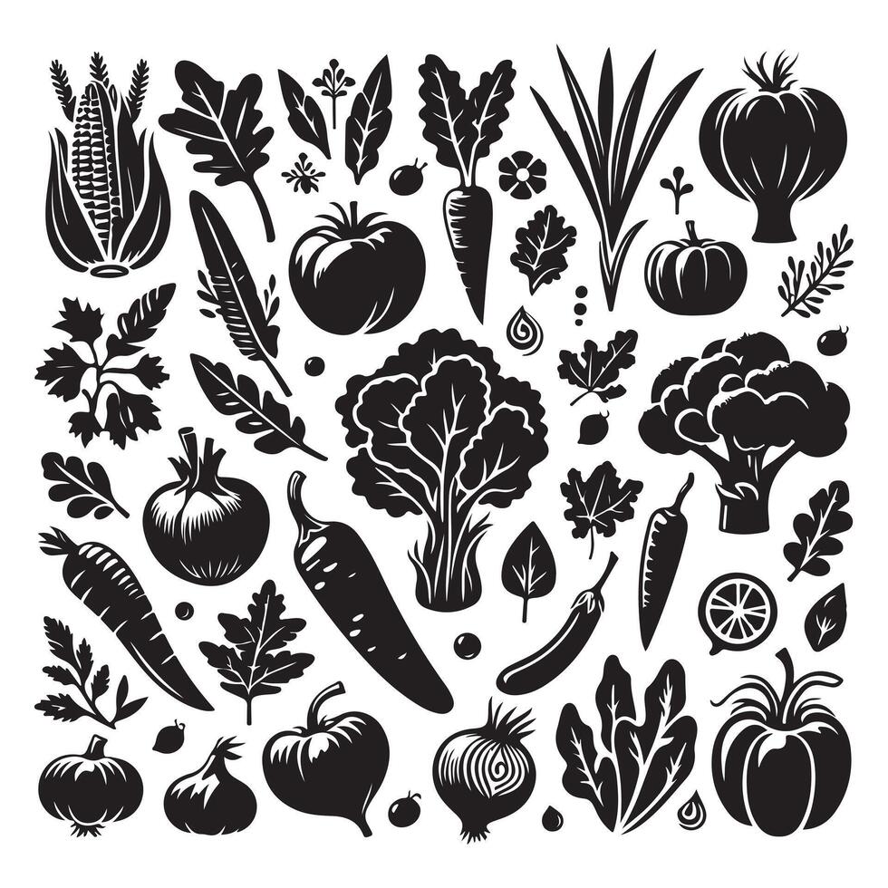 Vegetables and leafs set black silhouette on white background vector