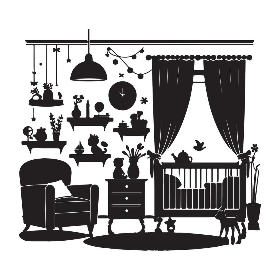 Baby girl room interior silhouette on white background vector