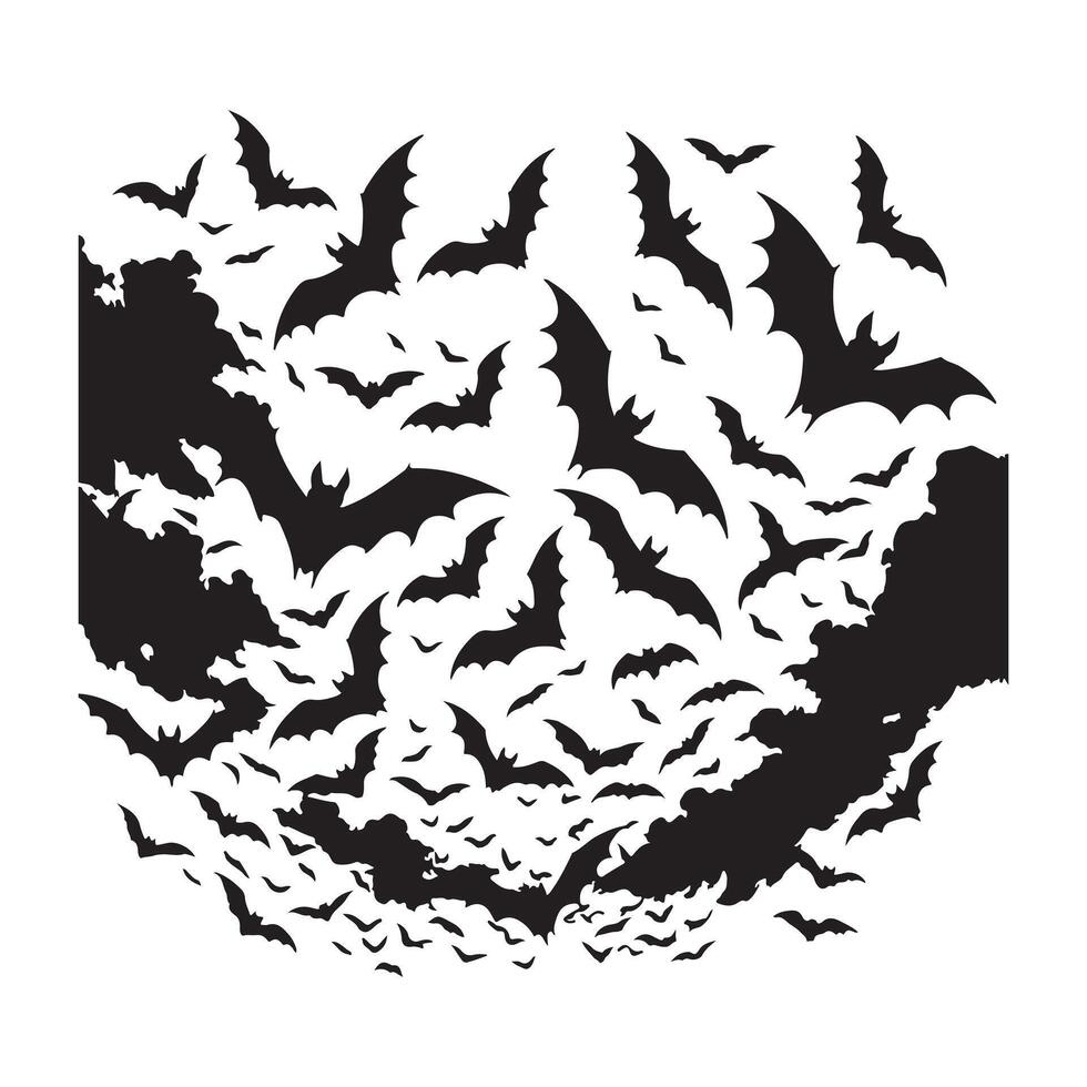 Flock of bats on white background, silhouette bats fly in the sky, halloween silhouette on white background vector