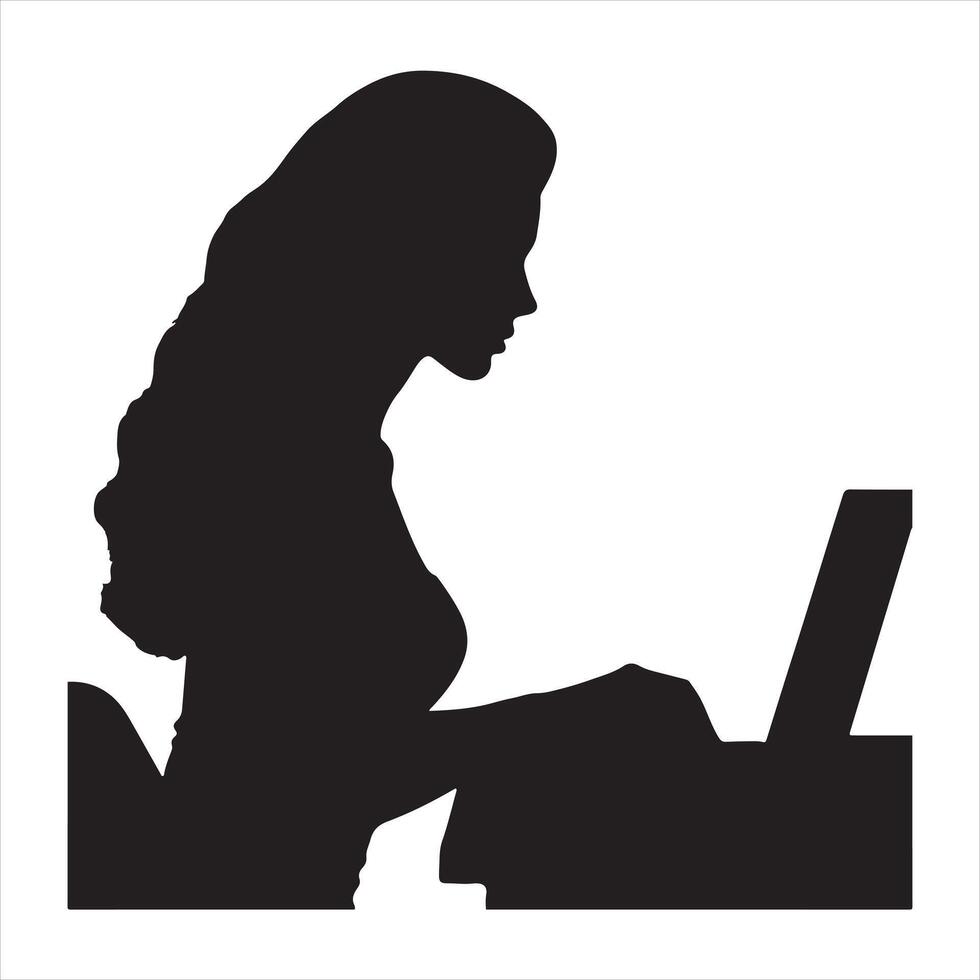 Female silhouette. Remote job. Freelancer lifestyle. Dark contrast shape profile portrait of confident woman working online using laptop silhouette on white background vector