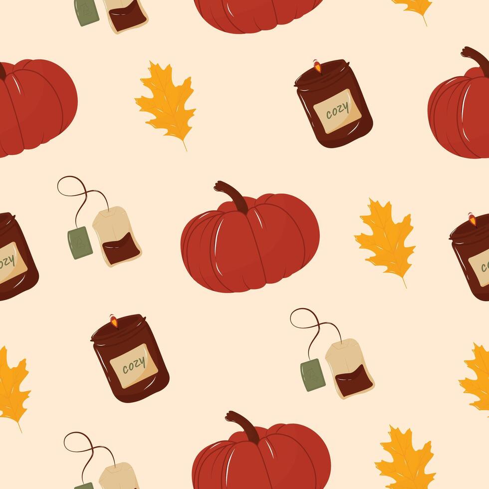 Seamless pattern with pumpkins, candle, teabag and autumn leaves. Autumn pattern. Perfect for product design, wallpaper, scrapbooking. EPS 10 vector
