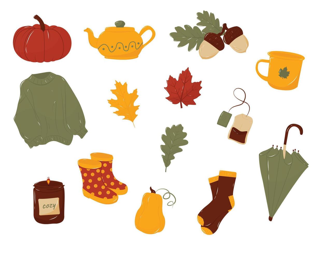 Autumnal big set with different colorful pumpkins, cozy fall clothes, leaves, umbrella, boots, warm drinks and dishes, etc. Isolated on the white background. EPS 10 vector