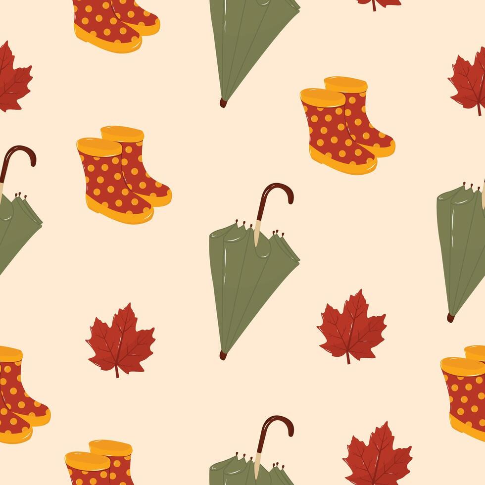 Seamless pattern with umbrella, boots and autumn leaves. Autumn pattern. Perfect for product design, wallpaper, scrapbooking. EPS 10 vector