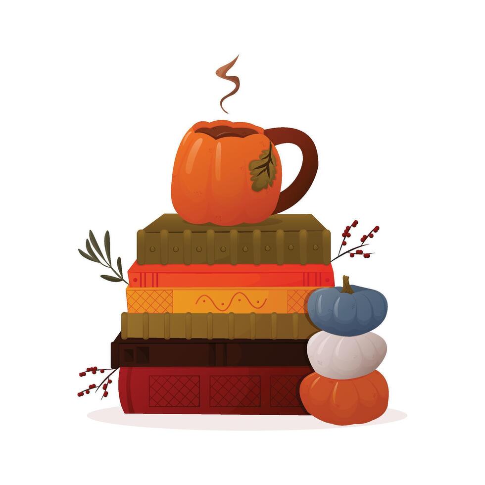 Autumnal composition with book, tea and pumpkin. Isolated on the white background. Cozy home, warm fall concept. EPS 10 vector