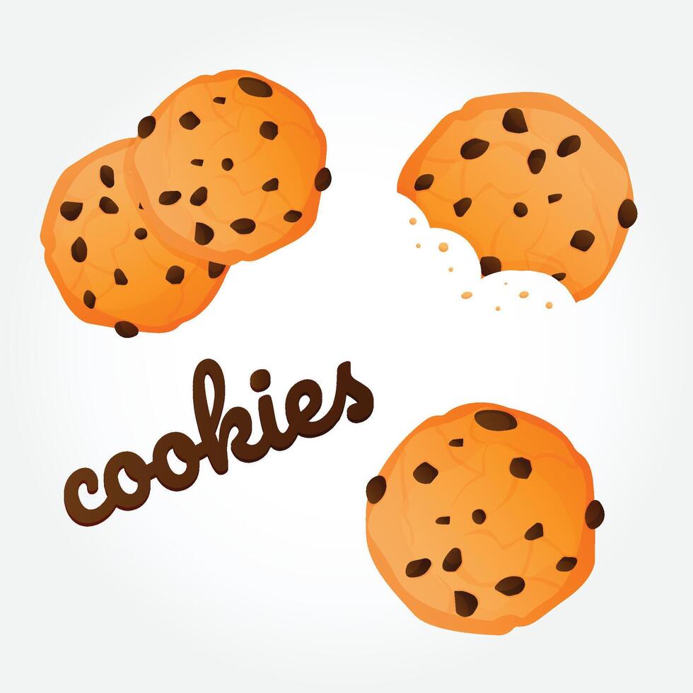 Realistic cartoon cookies with chocolate chips. Bitten and broken cookies of different size with crumbles. Cookies set. EPS 10 vector