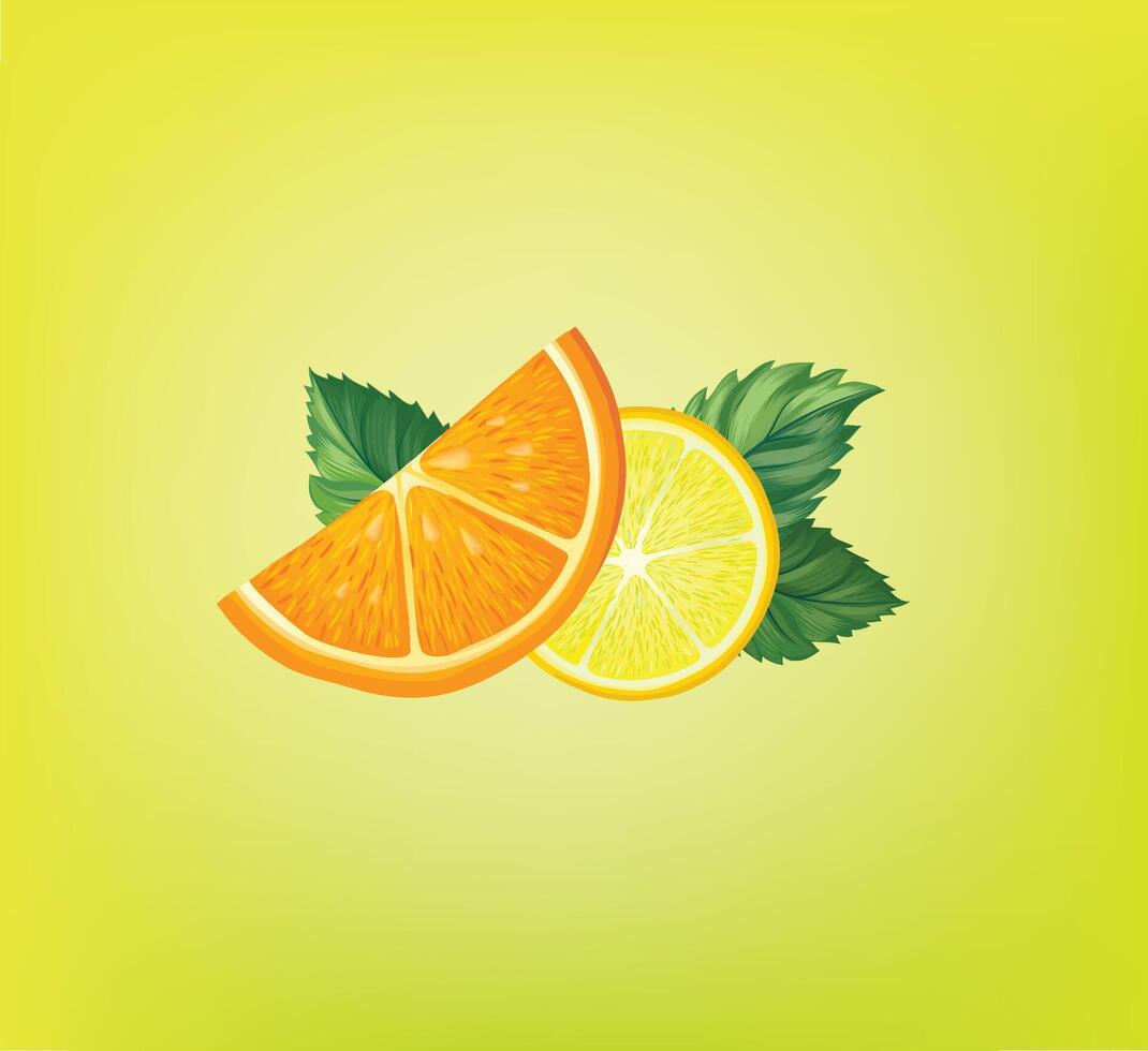 Fresh fruits with mint leaves. Fresh orange, mandarin, lemon slice pieces. Citrus food background with fruits juice drink. vector