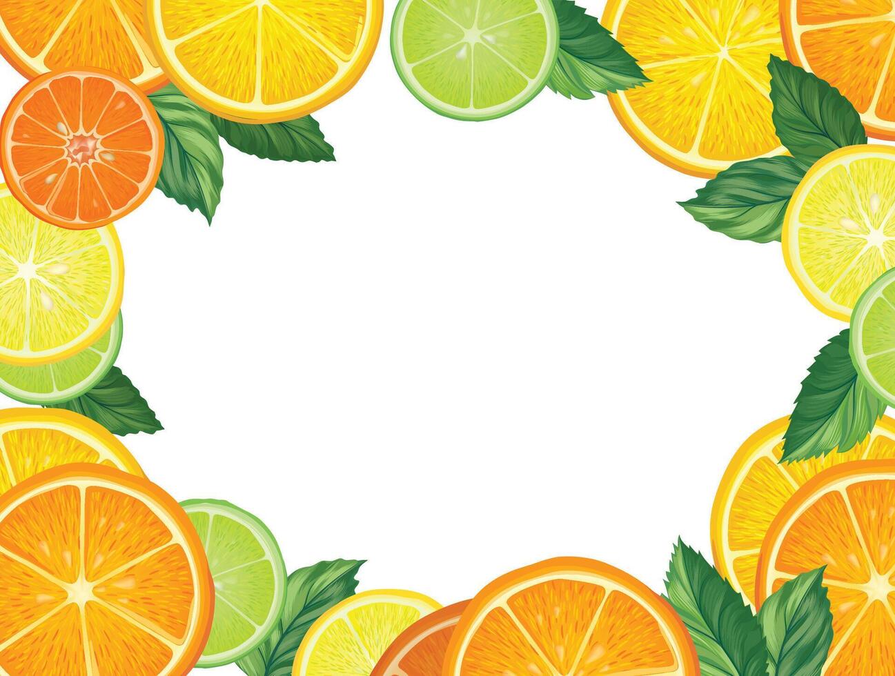 Fruits citrus background. Fresh slice orange, lemon, lime, grapefruit, mandarin peices over white background with leaves. Colorful dessert food. vector