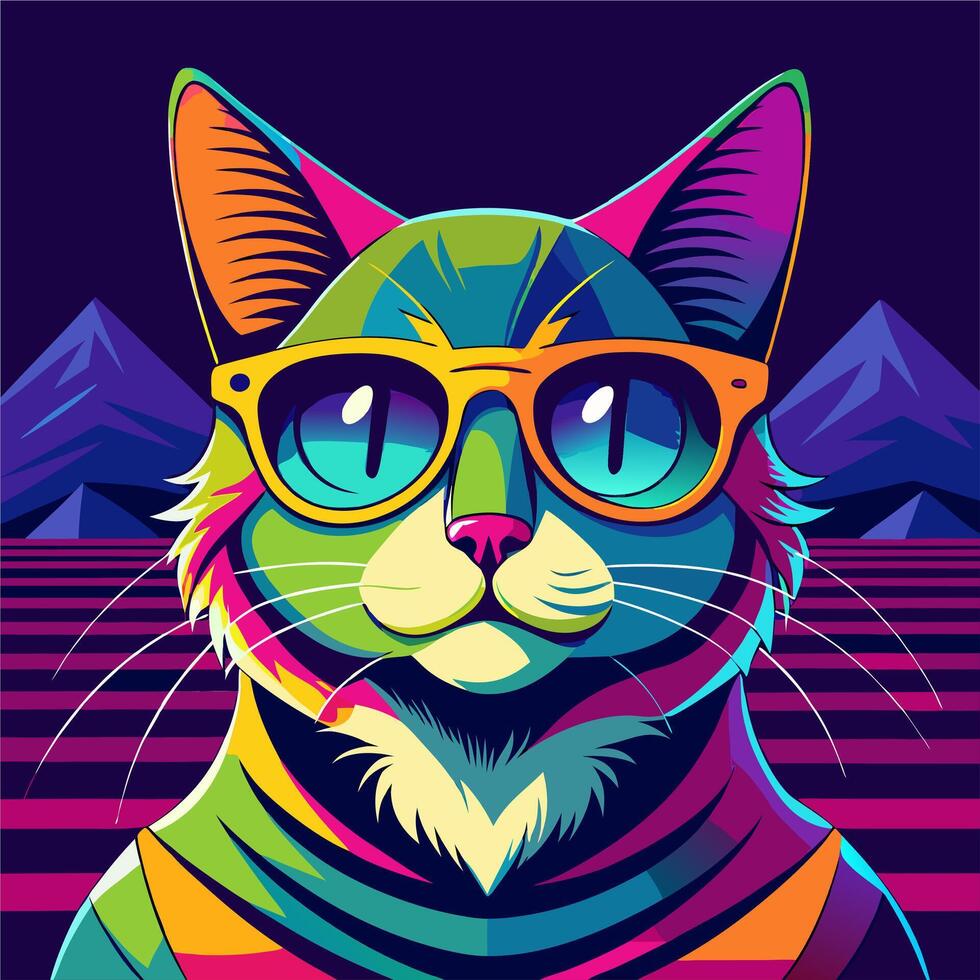 Bright neon portrait of a cat in sunglasses vector
