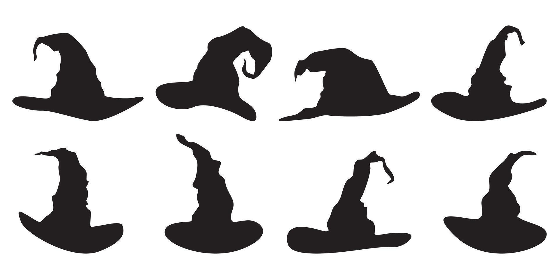 Collection of different black witch hats on white background vector