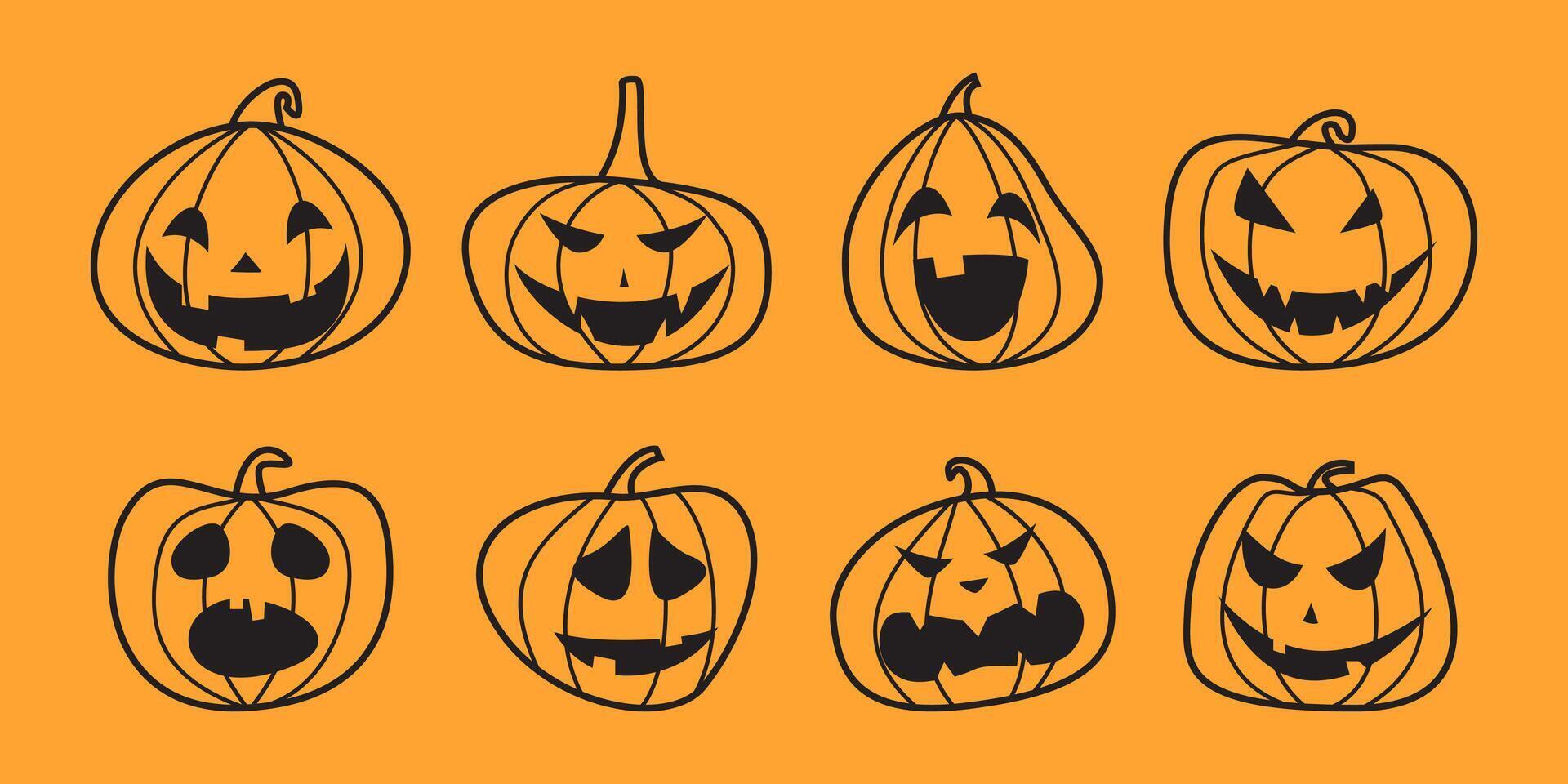 Collection of cute halloween pumpkin character with line style vector
