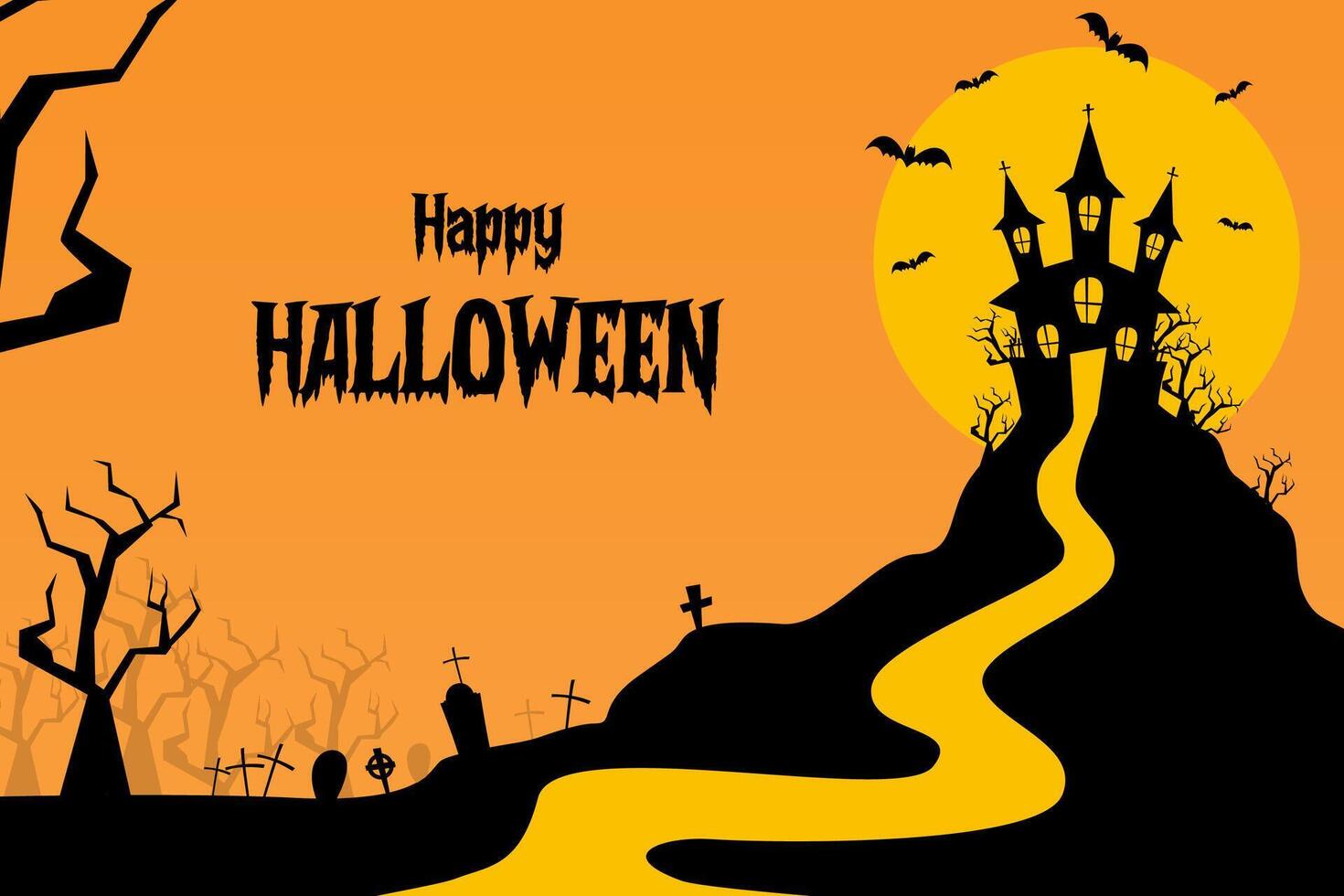 Spooky Halloween background with a haunted house standing in a cemetery vector