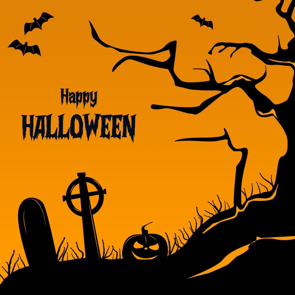 Halloween background with pumpkin in cemetery, death tree, and bats vector
