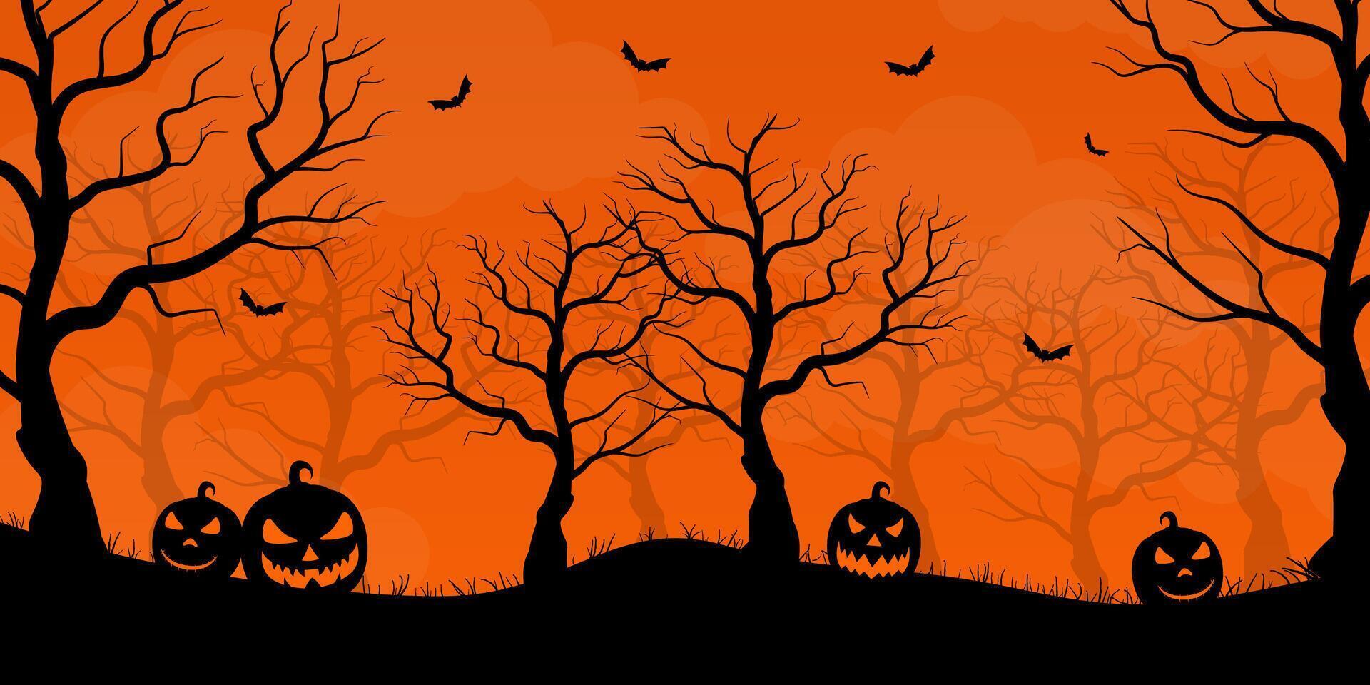 Halloween pumpkins in spooky forest at night vector