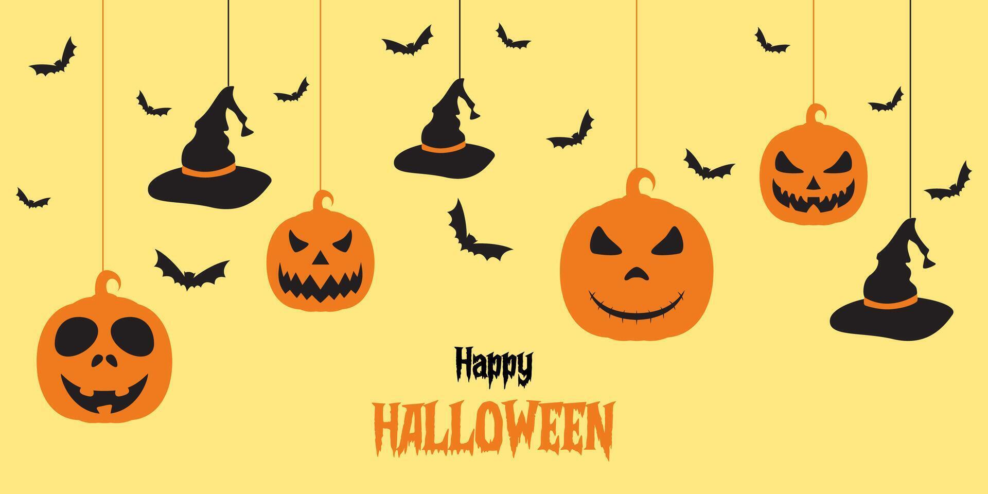 Halloween background with hanging pumpkins, witch hat, and bats vector