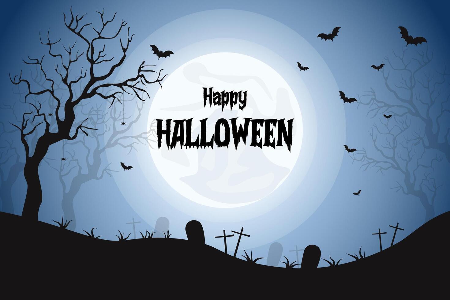 Scary cemetery with dead trees and bats on full moon background vector
