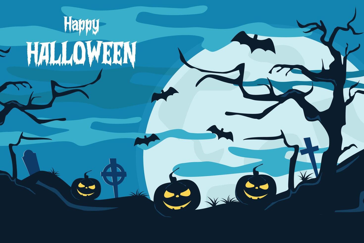 Halloween background with cemetery, pumpkin, death tree, and bats vector