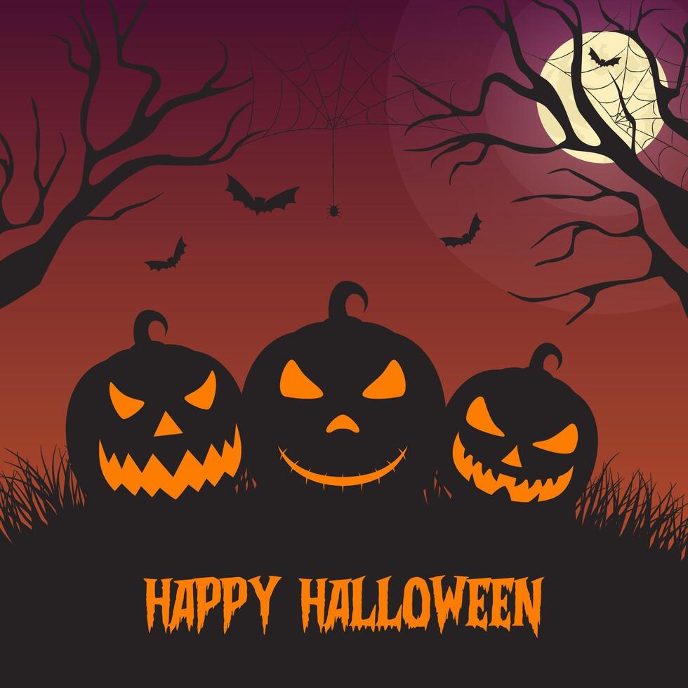 Halloween background with pumpkins in spooky forest at night vector