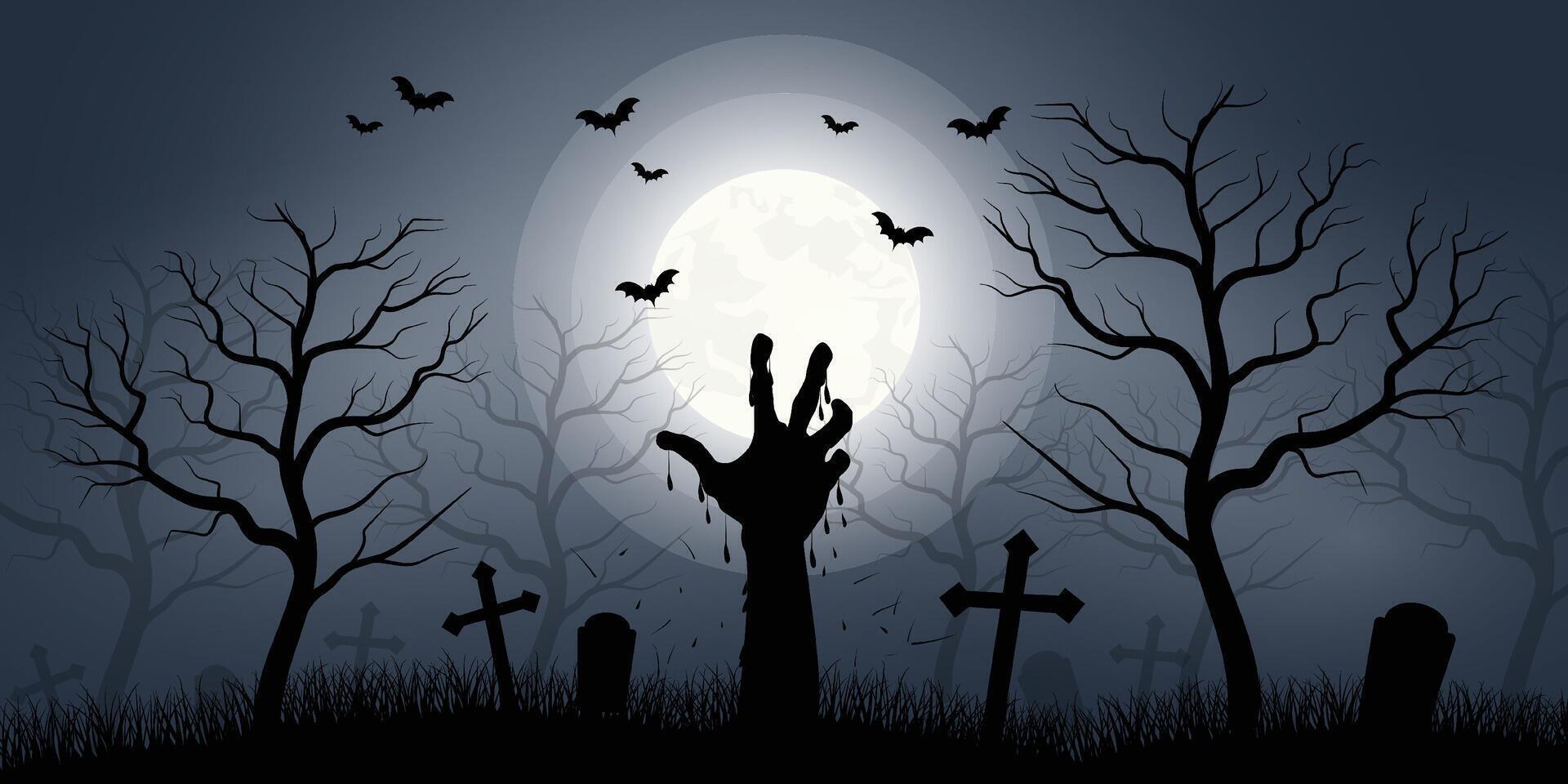 Scary Halloween background with a scary hand in cemetery vector