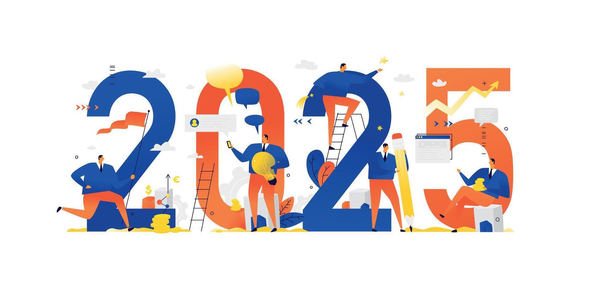 Illustration of the New Year. Employees around the inscription. Image is isolated on white background. Advertising, developers meet in 2025. Calendar of the New Year and Christmas. vector