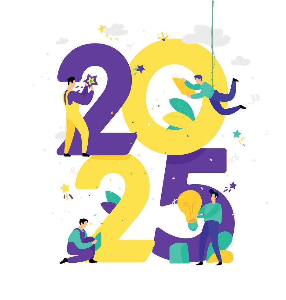 Illustration inscription 2025 New Year in the office. Employees around the inscription. Image is isolated on white background. PR specialists celebrate. Banner of the New Year and Christmas. vector