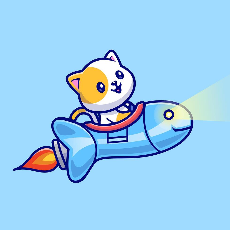 Cute Cat Riding Rocket Fish In Space Cartoon vector