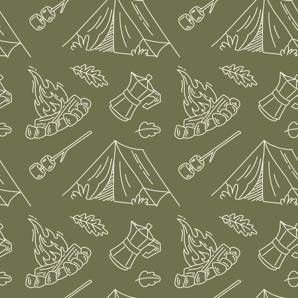 Seamless Camping Pattern with Tents and Campfires vector