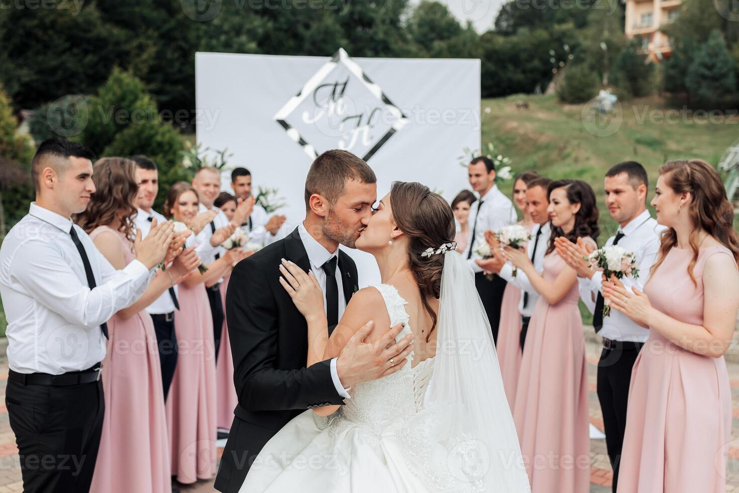 A bride and groom are kissing in front of a group of people photo